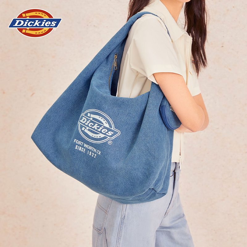 Dickies Single-Shoulder Tote Bag with Large Capacity, Denim Fabric, Suitable for Travel and Commuting, Relaxed and Casual Women's Bag