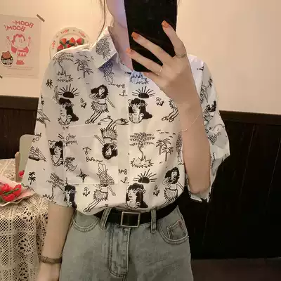 Short-sleeved shirt women's fashion Western style retro Hong Kong flavor light cooked style summer women's wild printed shirt student jacket