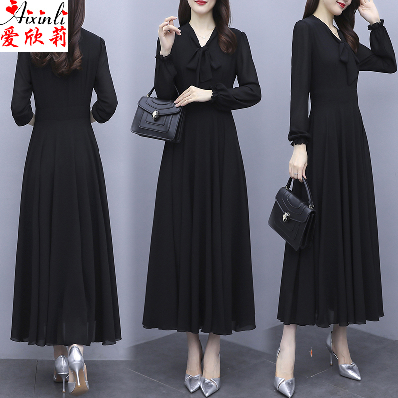 New Style Elegant Plus-Size Women's Dress, Slim-Fitting, Mid-Length, Large Hem Chiffon Dress, Spring and Autumn Base Long Dress