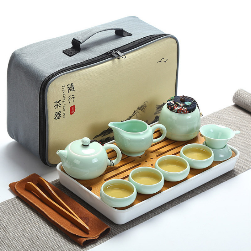 Travel ceramic tea set suit portable package mini custom logo teapot teacup contracted household kung fu tea tray