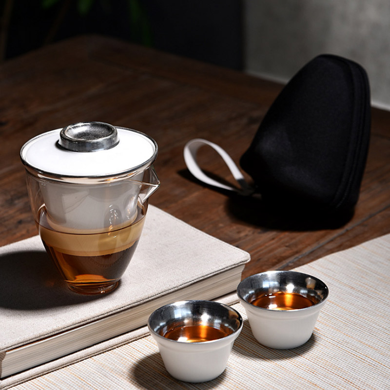 Coppering. As cup silver suit crack cup travel a pot of two glass ceramic tea set suit portable BaoHu outside travel time