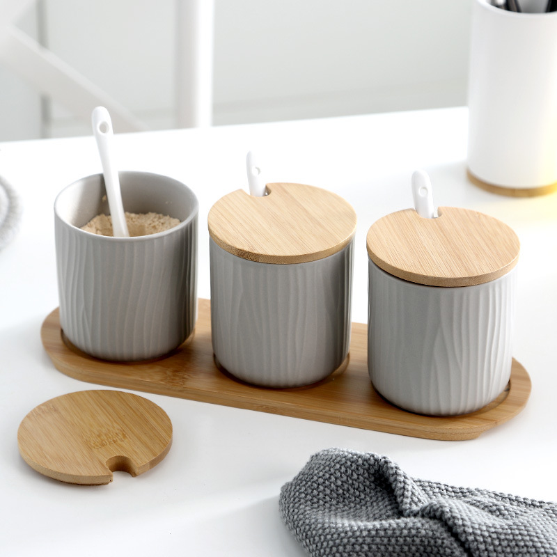 Bamboo matte enrolled round ceramic flavor pot creative household buy object condiment bottles gift box of the kitchen set