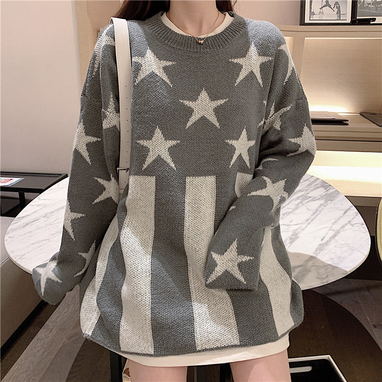 VK旗艦店 韓國風時髦重工款寬鬆顯瘦星星圓領長袖上衣
