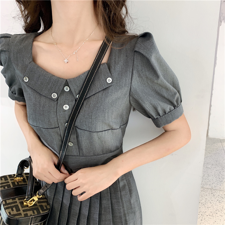 VK旗艦店 韓國風百褶高腰泡泡袖復古短袖洋裝