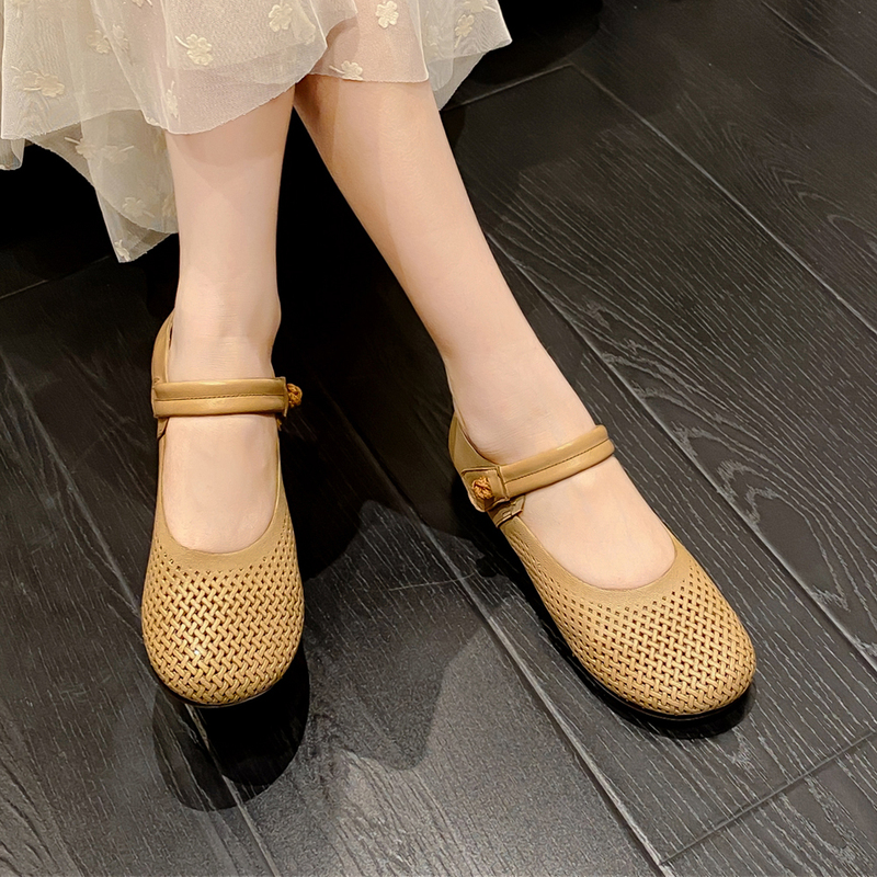 Flat Wide-Toe Single Shoes, Genuine Leather Hollow-Out Women's Shoes, Large Size, New Spring and Summer Round-Toe Comfortable Mom Shoes, Soft-Soled Women's Shoes