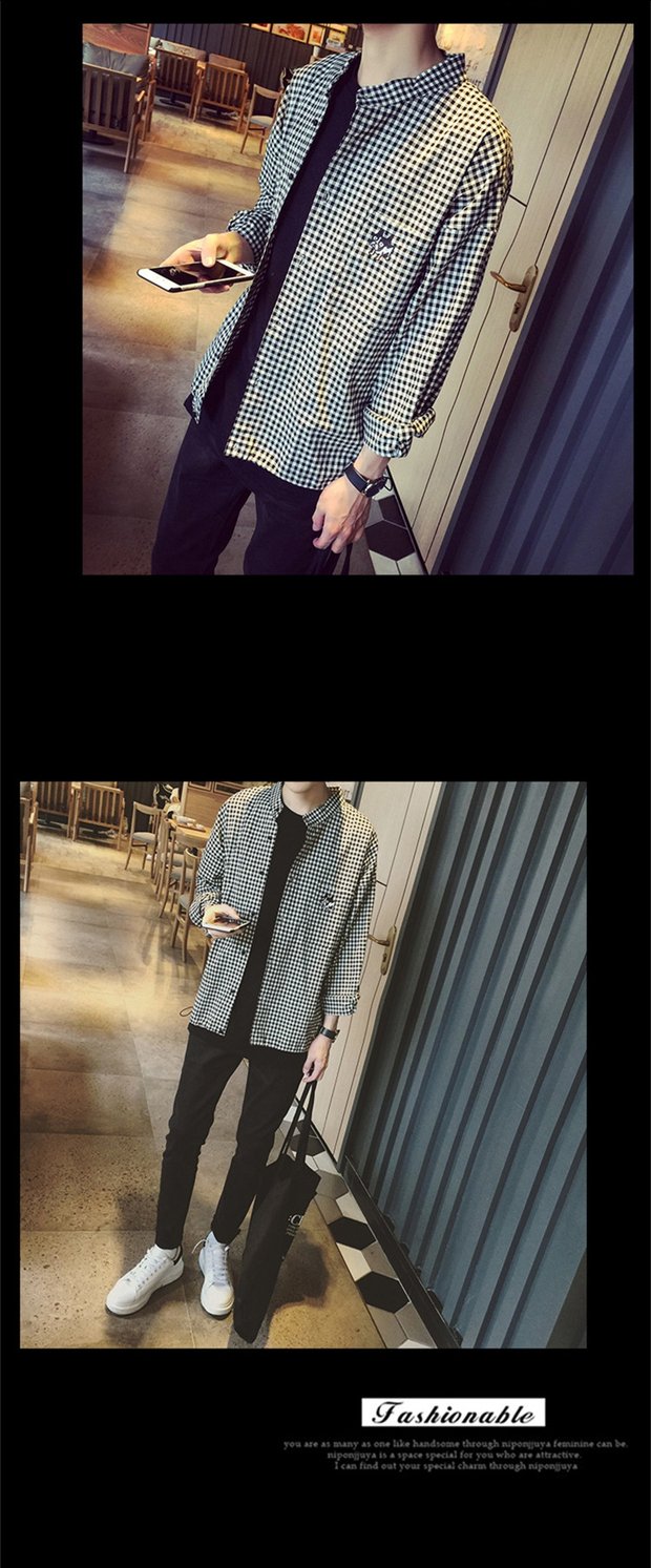 Mùa thu mới cổ áo sơ mi dài tay mỏng nam phiên bản Hàn Quốc của thời trang Slim áo sơ mi nam đơn giản áo sơ mi caro