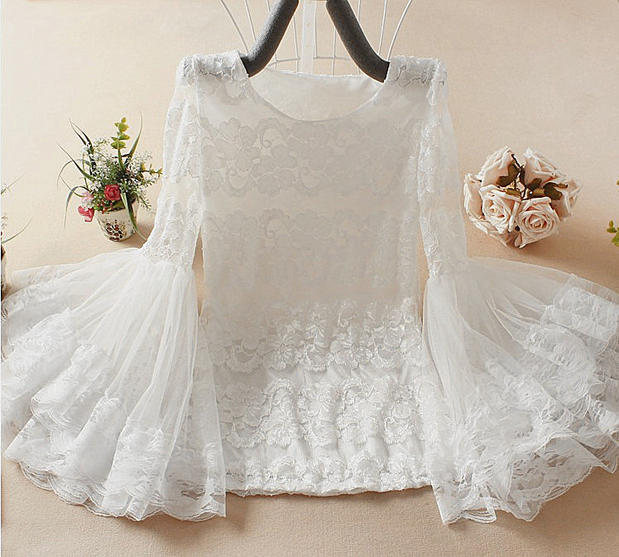 Autumn Sweet New Women's Korean Style Hollow Trumpet Sleeve Top Long-Sleeved Lace Shirt Slim Bottoming Shirt