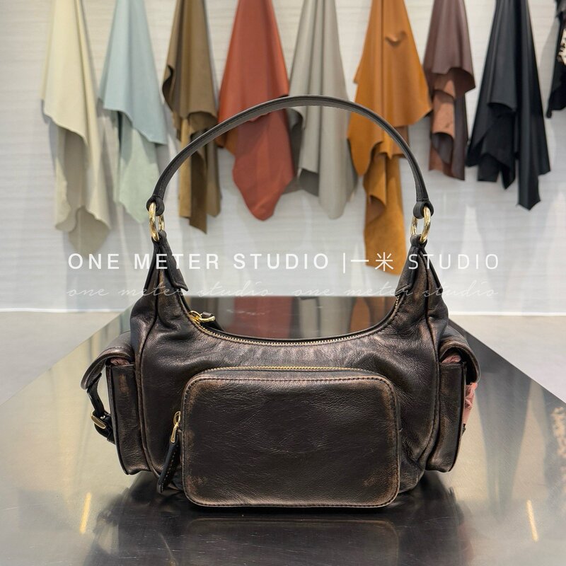 Miu's Zhang Yuanying New Soft Sheepskin Multi-Pocket Vintage Bag, Shoulder, Handbag, Underarm, Biker Bag for Women