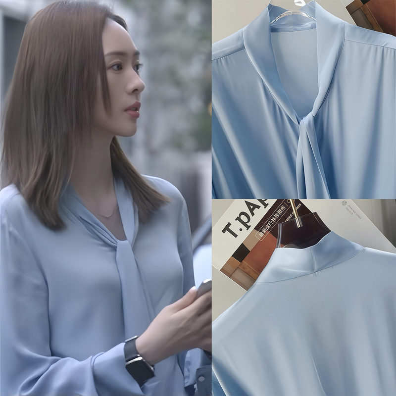2026 Spring/Summer New Mulberry Silk Shirt for Women, Blue Ribbon Bow, Light Luxury High-End Silk Blouse