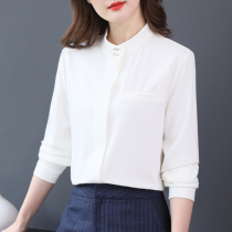 White Chiffon shirt womens long-sleeved spring stand-up collar professional white shirt high-end temperament fashion foreign style plus velvet top