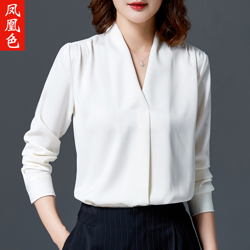 Phoenix Color V Collar Shirt Woman Long Sleeve 2022 Spring Dress New Work Clothes Workwear Lady White Shirt Tooling