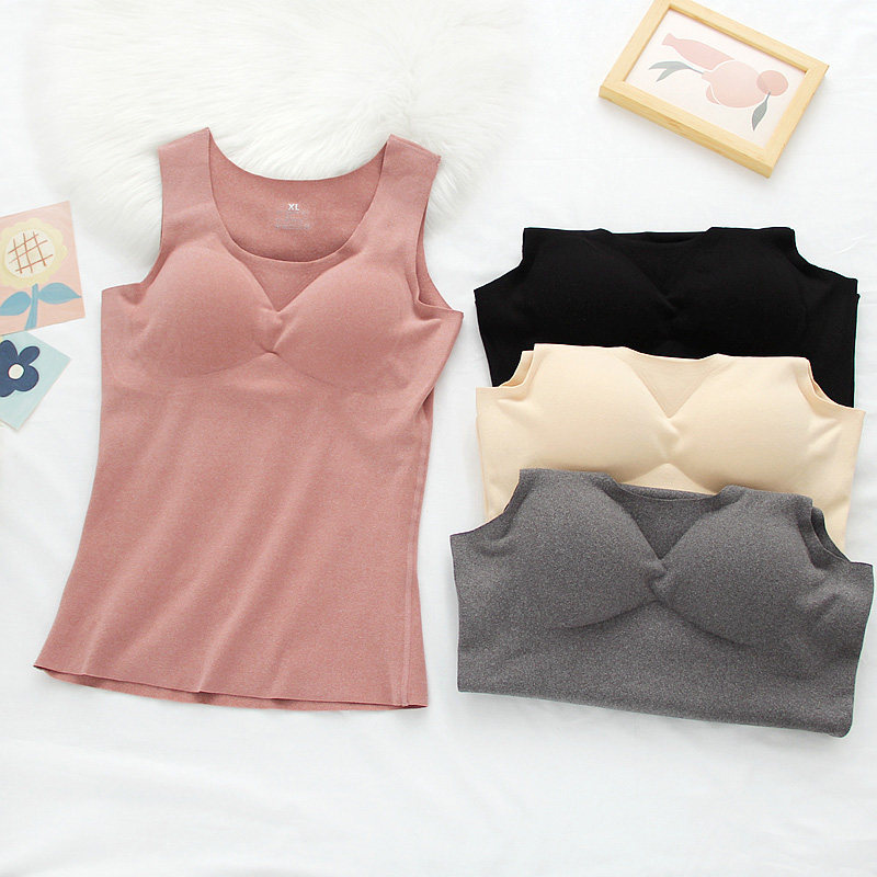 Strap with chest cushion Develed with no marks and warm vest woman plus suede for autumn and winter hit bottom-shirt integrated underwear detachable