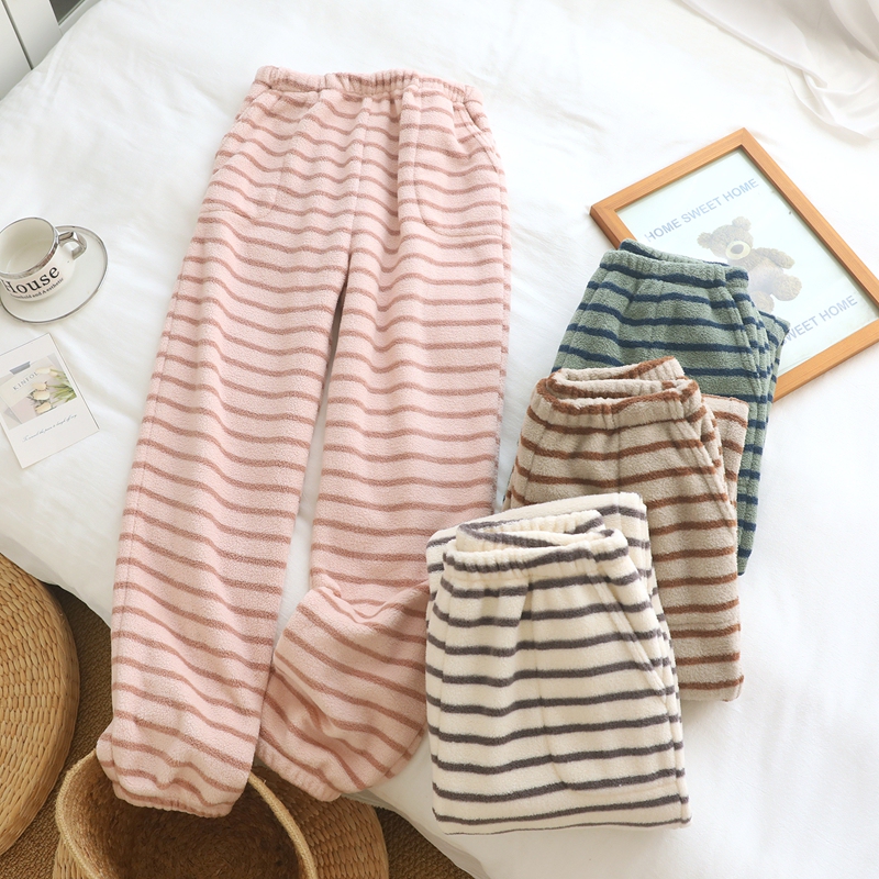 Striped Flannel Pajama Pants for Women, New Winter Thickened Warm Coral Fleece, Can Be Worn Outside, Cuffed Jogger Home Pants Striped Flannel Pajama Pants for Women, New Winter Thickened Warm Coral Fleece, Can Be Worn Outside, Cuffed Jogger Home Pants