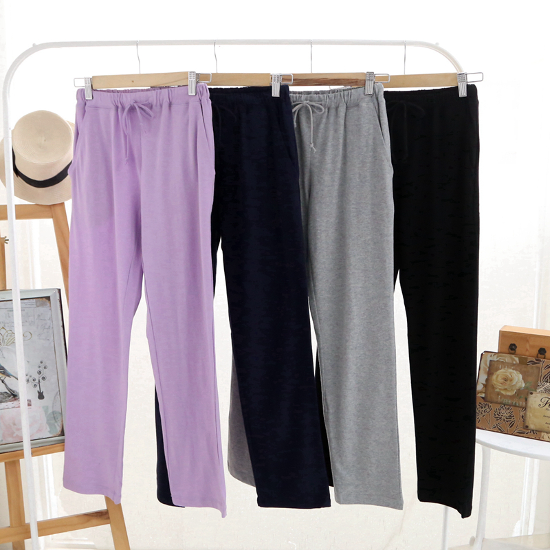 Bộ đồ ngủ cotton tinh khiết dành cho nữ quần dài mùa xuân và mùa thu quần nhà rộng thẳng kích thước lớn thả lỏng buổi sáng mùa hè thực hành yoga nam màu rắn quần áo thể thao