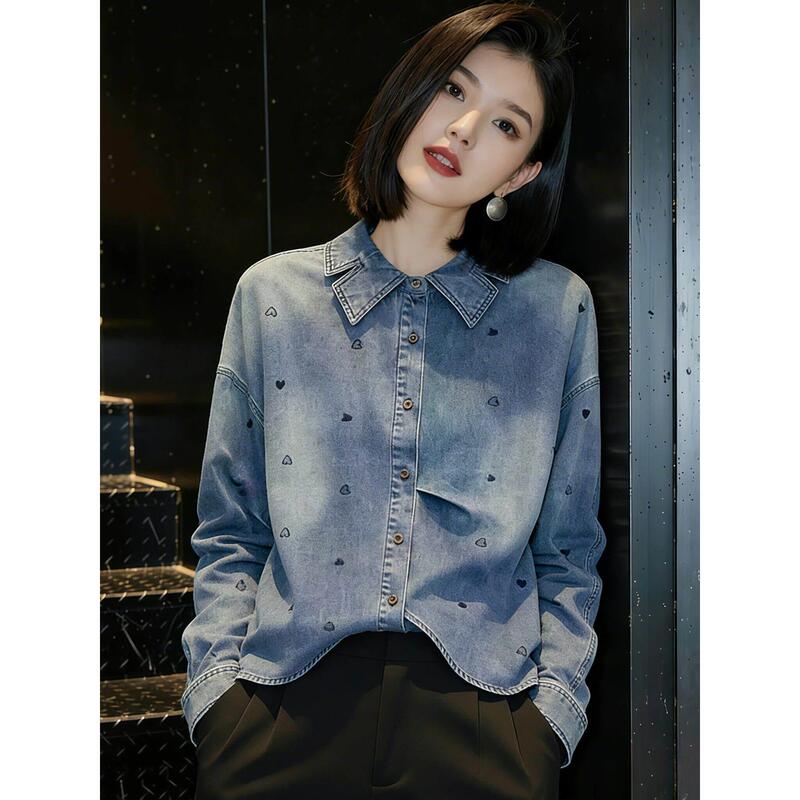 Long-Sleeved Shirt for Women 2026 Spring New Korean Style Loose Lapel Top with Design Heart Embroidery Denim Shirt