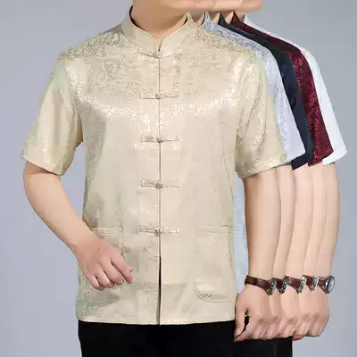 Middle-aged and elderly silk Tang suit men's short sleeve mulberry silk satin father summer coat old man clothes grandfather summer clothes