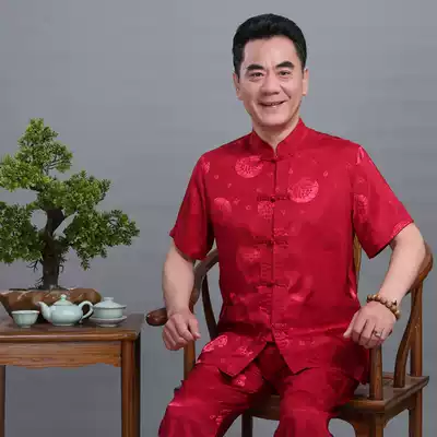 Middle-aged and elderly mulberry silk short sleeve Tang suit suit old man clothes Chinese style grandfather birthday birthday celebration summer dress