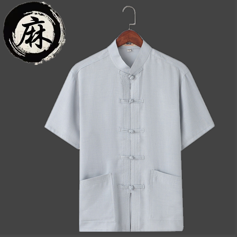 Summer China Wind Flax Tang Dress Man Short Sleeve Blouse Chinese Style Collar Tray Button Cotton Linen Shirt Daddy clothing Clothing Clothing