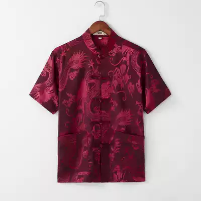 Summer Chinese style Tang suit men's short sleeve coat middle-aged and elderly mulberry silk Chinese shirt grandfather birthday birthday dress