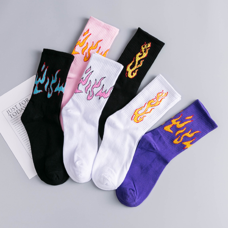 Flame Socks Men's Mid-Calf Spring, Summer, and Autumn Trendy ins Unisex Pure Cotton Hip-Hop Personality Long Socks European and American Street Style