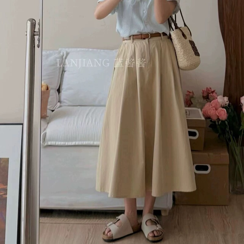 Lanjiang Cappuccino Artistic Khaki Skirt Women's Vintage High Waist A-Line Umbrella Skirt
