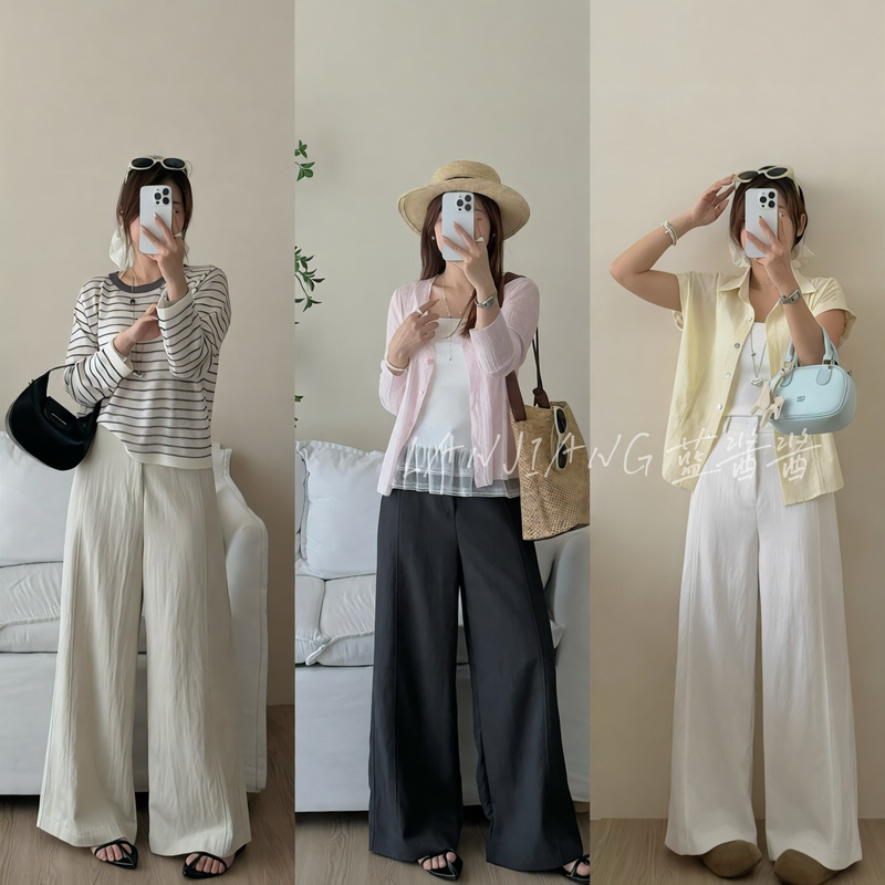 Lanjiang Weekend Casual Korean-Style Lyocell Cotton Textured High-Waisted Slimming Wide-Leg Casual Pants