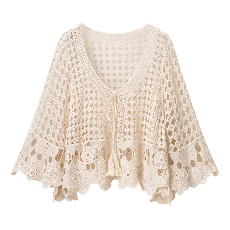 Sister Bohemian Crochet Cut Out Sun Protection Knitwear for Women 2026 Summer New Style Bell Sleeve Blouse Top