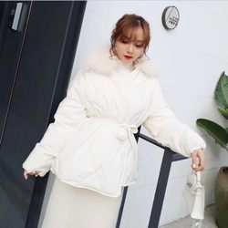 Waist Strap fur collar down jacket 2018 new winter Korean style thickened warm diamond plaid cotton jacket trendy