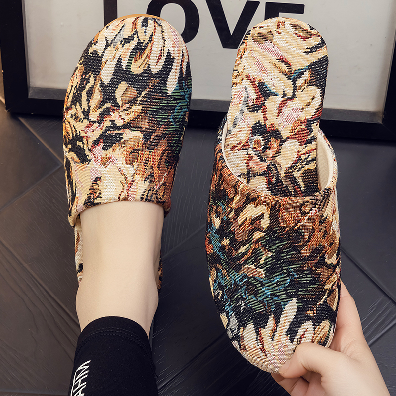 Spring, Autumn and Summer All Year Round Cotton Slippers for Men and Women Indoor Couple Baotou Non-Slip Soft Bottom Home Household Chinoiserie National Style Fabric