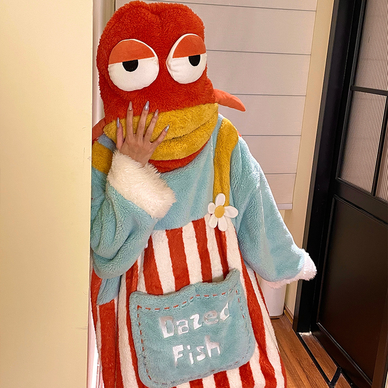 Awkward Fish One-Piece Pajamas for Women, Autumn and Winter Coral Fleece, Thickened and Warm, Quirky Cartoon Bikini Castle Ugly Fish Homewear Awkward Fish One-Piece Pajamas for Women, Autumn and Winter Coral Fleece, Thickened and Warm, Quirky Cartoon Bikini Castle Ugly Fish Homewear