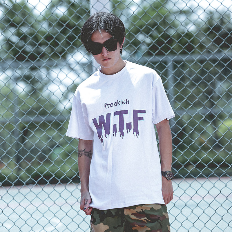 FREAKISH潮牌原宿风街头夏季宽松T恤男撞色印花欧美港风复古短袖
