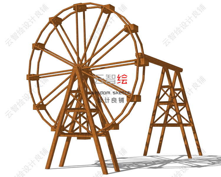 T23 水车sketchup SU模型景区庭院景观-10