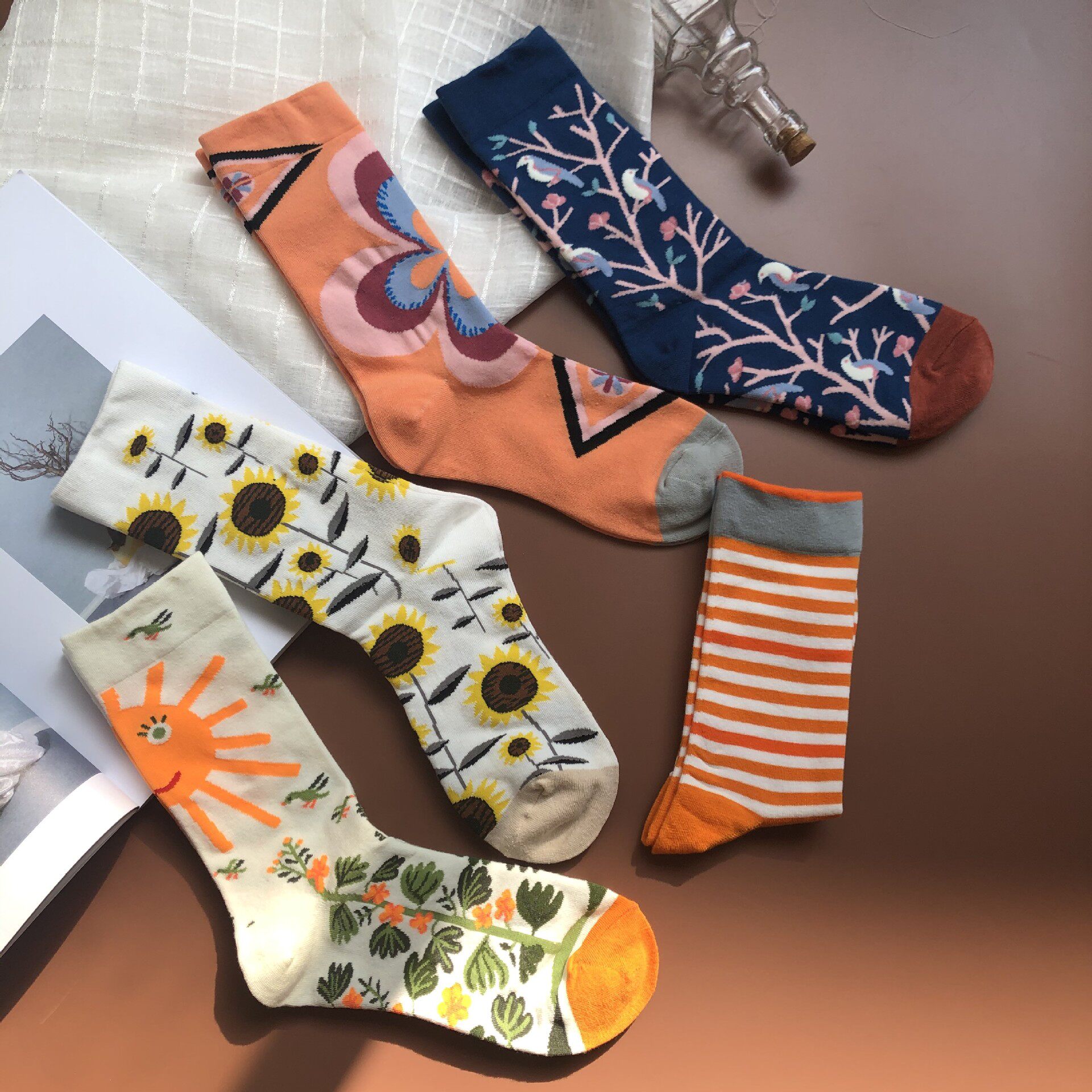 2022 Spring illustrations Sunflower Sunflower Plant Flowers Art in Silo Women Socks French Striped Cute Tide Socks