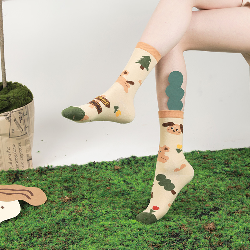 Damahoov Original Camping Project Mountain-Themed Illustration Cartoon Cute Girl Trendy Socks Women's Mid-Calf Socks Couple Socks