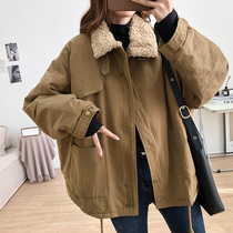 majefeeyou autumn and winter New plus velvet thickened lamb hair lapel collar cotton coat women loose meat coat