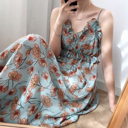 French sling dress women 2020 new spring summer vintage floral long version fairy chiffon sleeveless A- line dress