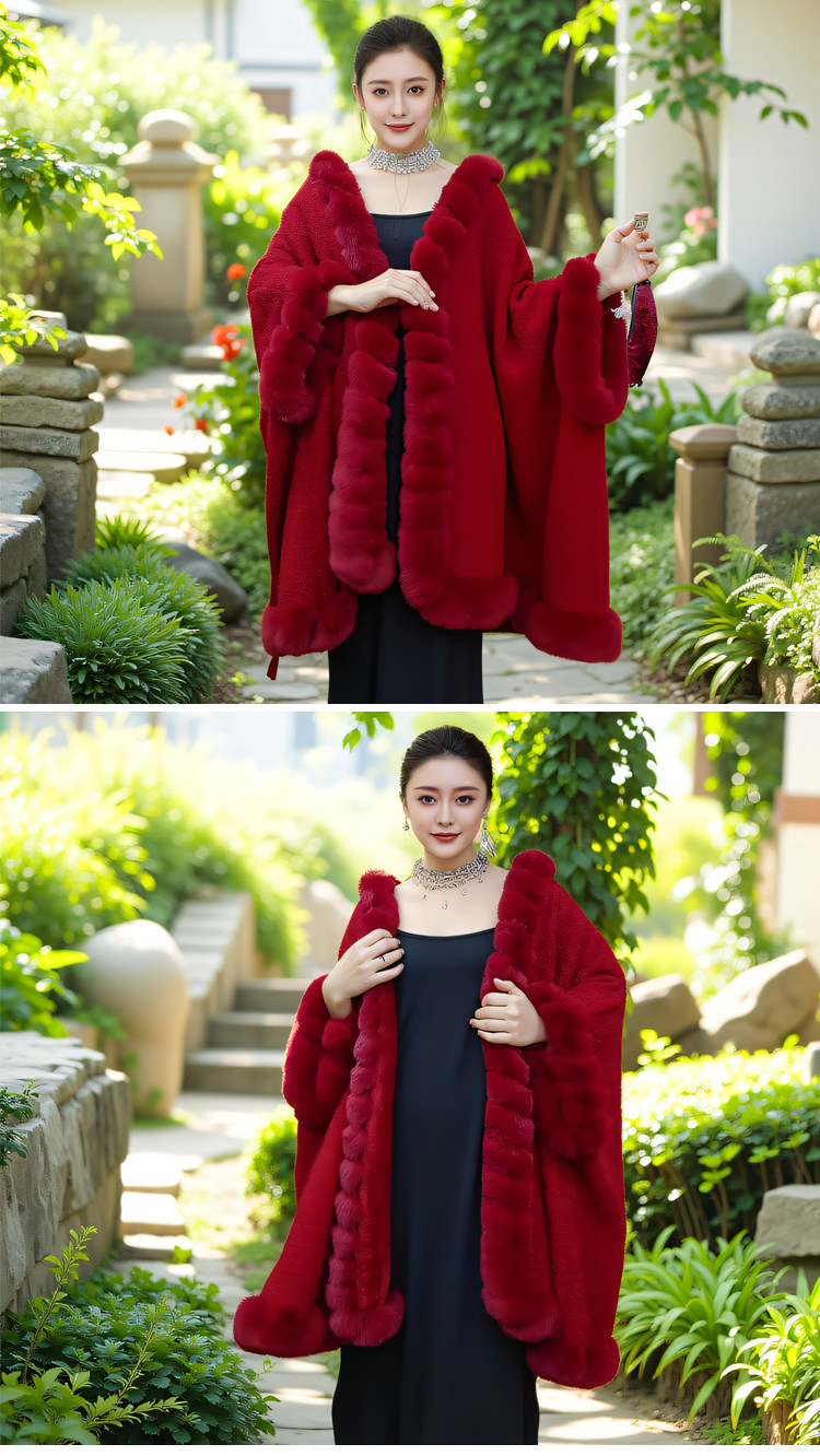 复古大码宽松毛领加绒厚斗篷披肩女蝙蝠袖中长款披风外搭毛呢外套详情7