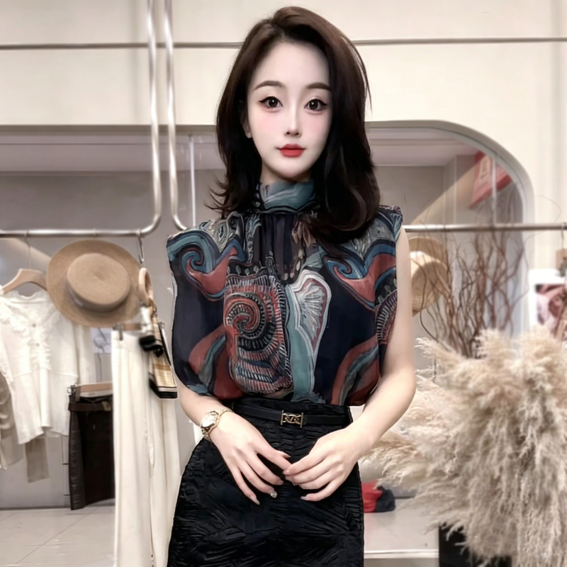 Light Mature Style Slim Fit Half-High Collar Sleeveless Vest Shirt with Ribbon for Women, Versatile Printed Top Blouse for Summer