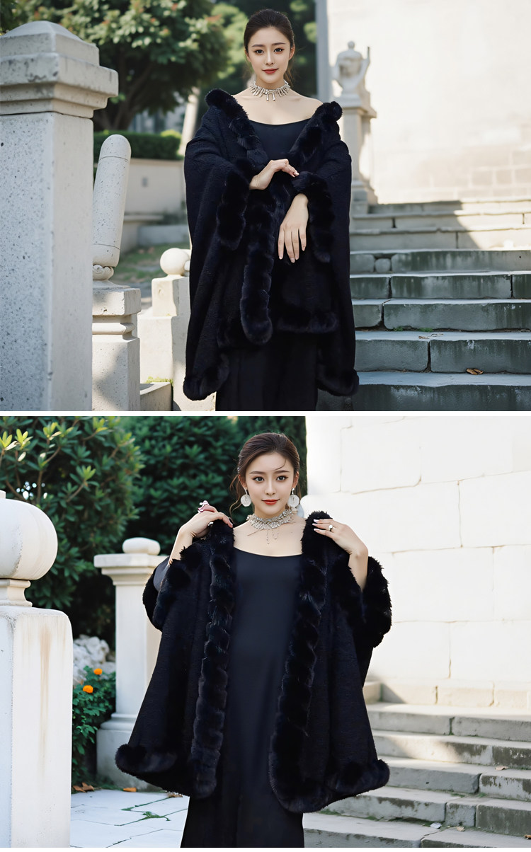 复古大码宽松毛领加绒厚斗篷披肩女蝙蝠袖中长款披风外搭毛呢外套详情8