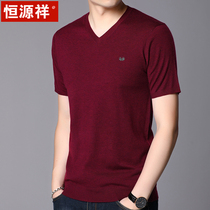 Hengyuanxiang mens short-sleeved T-shirt V-neck sweater in young and middle-aged solid color with wool knitted base shirt mens new trend