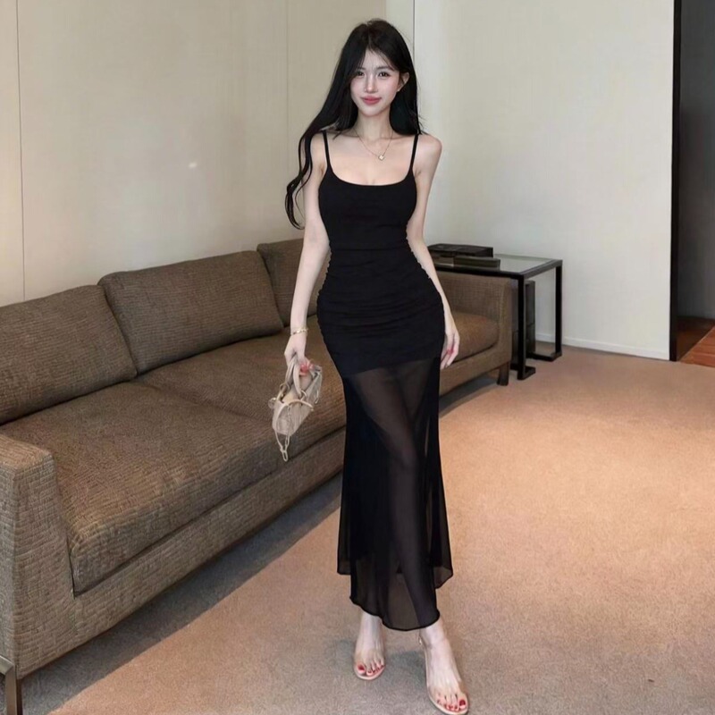 Elegant Ladylike Spaghetti Strap Dress That Covers the Belly, Cinches the Waist, Sexy Mesh, Slimming, Slit Long Dress, Work Uniform for Spa Technicians