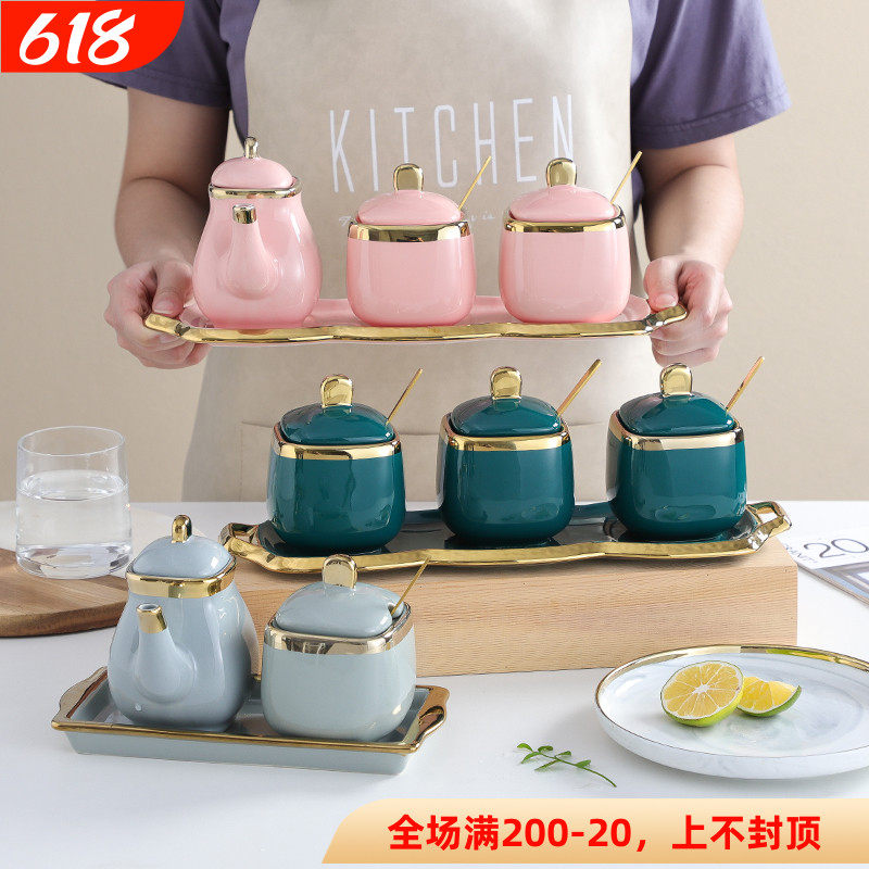 Nordic Ceramic Seasoning Jars Kitchen Supplies Ancestral Mother Green Sauce Bottle Three Sets Home Suit Sugar Salt Jar MSG Jars