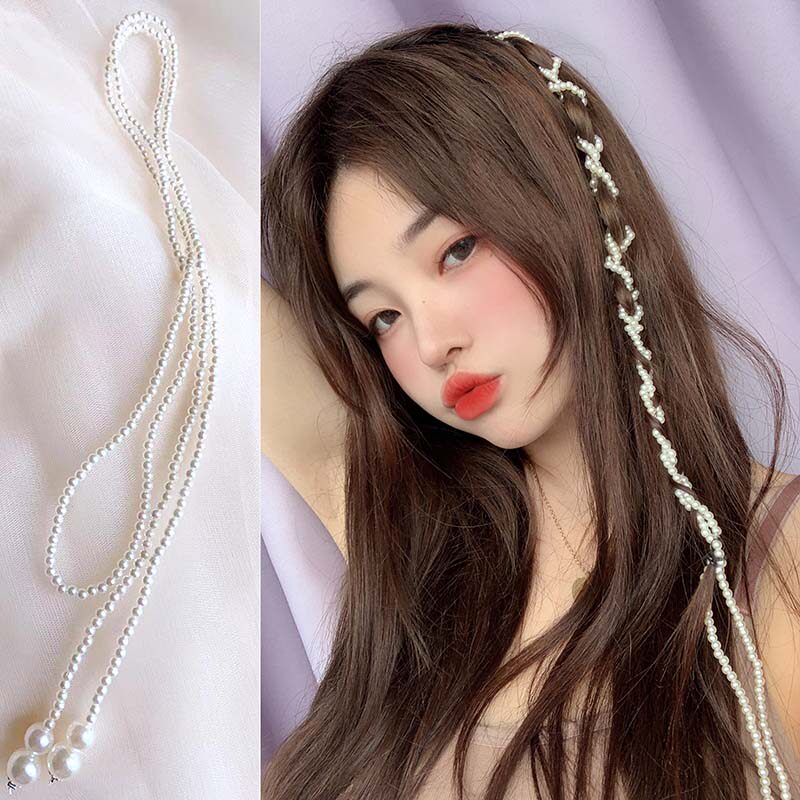 Everyday girl group style pearl braided hair accessory with long chain trim, similar to A-Dou's side braided pearl beaded chain, a popular online hair accessory.