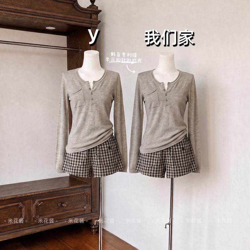 Mi Hua Jiang Versatile Everyday Half-Open Collar Button-Up Knit Top for Women, Early Autumn Relaxed Fit Small Button Casual T-Shirt Top