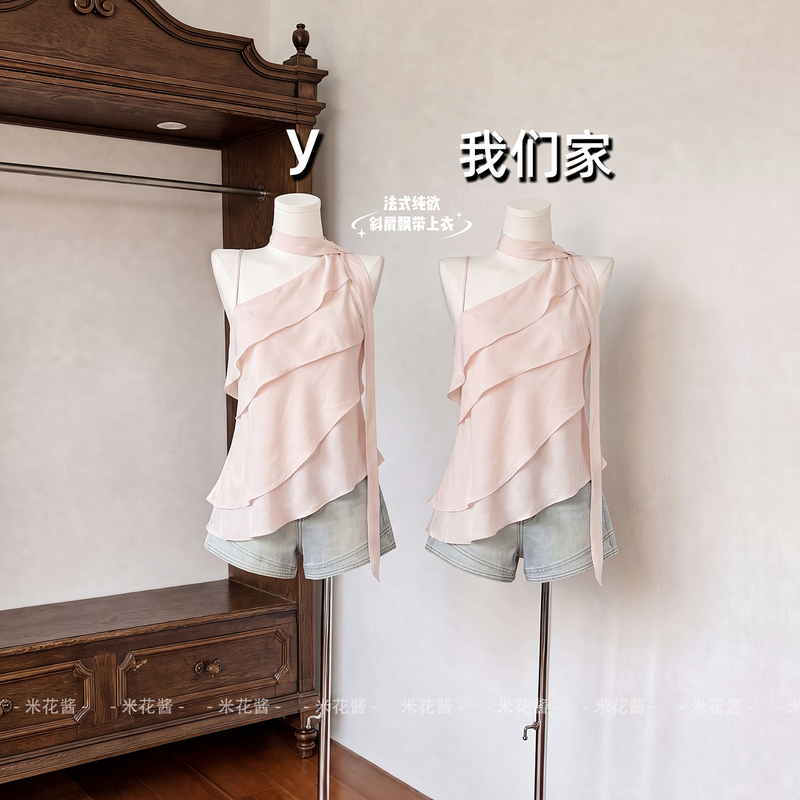 Korean-Style Pure Desire Layered Ruffle One-Shoulder Strapless Blouse with Ribbon for Women, Summer Sleeveless Elegant Top