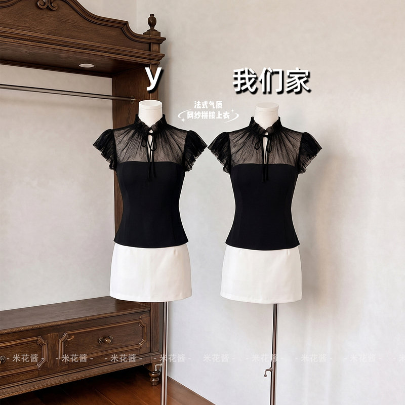 Mi Hua Jiang "Rebellious Lady" Black Sheer Mesh Velvet Bow Slim-Fit Slightly Stretchy Patchwork Top for Summer