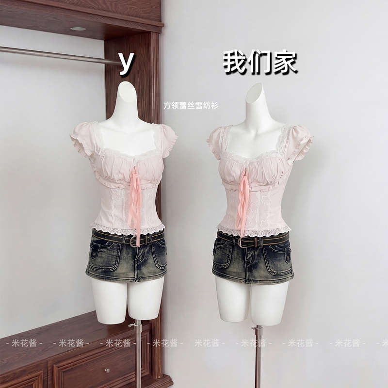 Rice-Flower Pattern Misty Pink Tulip Textured Square-Neck Lace-Trimmed Chiffon Blouse for Women, Early Spring Sexy Pure Desire Top