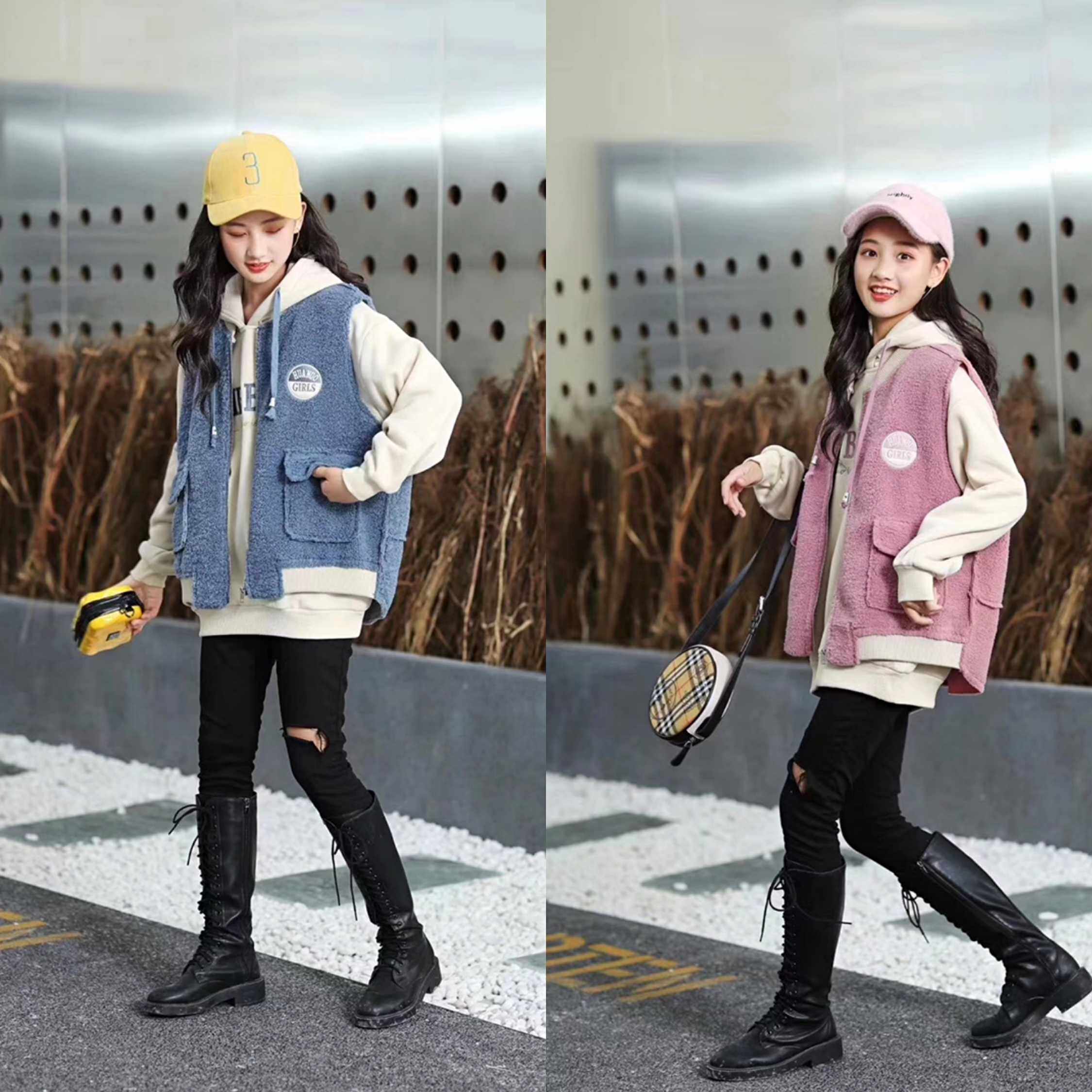 Huanuo brand children's clothing girls middle and big children 2022 autumn and winter new special price plus fleece sweater vest two-piece set