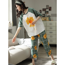 2021 new pajamas women Summer cotton short sleeve Capri pants thin models can be worn outside trousers home suit suit