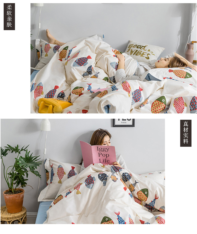 Bộ phim hoạt hình dễ thương cotton bốn mảnh bộ chăn ga gối đệm bông sinh viên ký túc xá ba mảnh may mắn koi 4 - Bộ đồ giường bốn mảnh bộ chăn ga gối đệm cưới